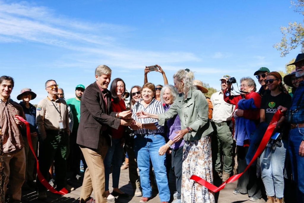 Ribbon Cutting ceremony of viewing blind with Mayor Tim Kellor and Friends presdietn, Jeannie Allen.